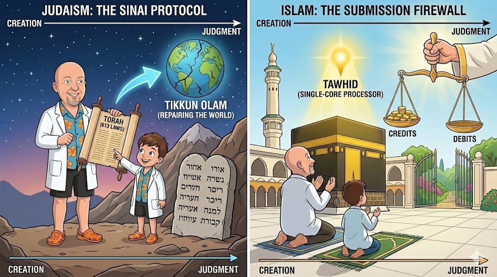 Visual: A gold arrow representing linear time moves from left (Creation) to right (Judgment), above a timeline with icons for Judaism, Christianity, and Islam along its path.